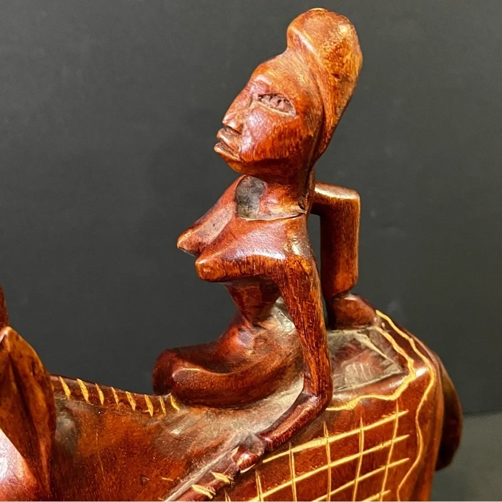 Hand Carved African Wood Woman Riding Donkey Figurine Folk Art Rustic Primitive